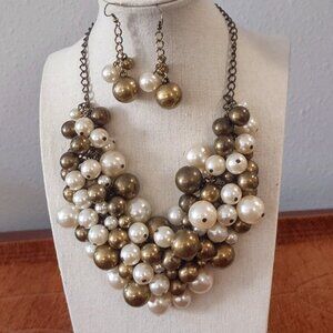 Vtg Lia Sophia Pearl Gold Chunky Beaded Necklaces Multi-Strand & Earrings Set